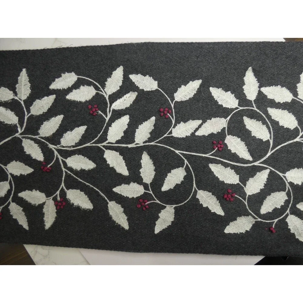 Nicole Miller Home Wool Blend Table Runner Grey Leaf Berry Embroidered 69